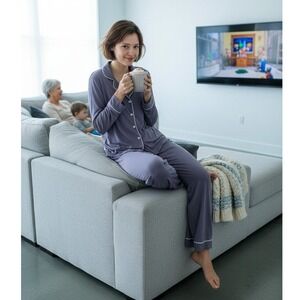 Shapeez Gray Bamboo Spandex Button Down Pajama Set Small Long Sleeve Wide Leg